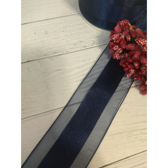 Лента органза с атласом 3.8 см цв. темно-синий, цена за 1 м